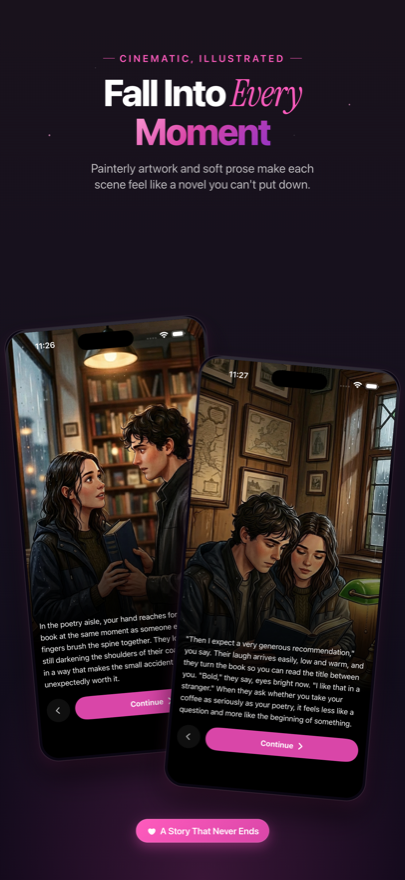Cinematic, illustrated scenes with painterly artwork and soft prose.