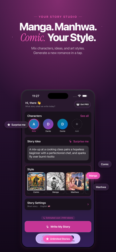 Your story studio — mix characters, ideas, and art styles in a tap.